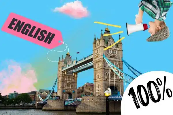 Тауерський міст у Лондоні з написом English 100% — банер курсу англійської мови онлайн